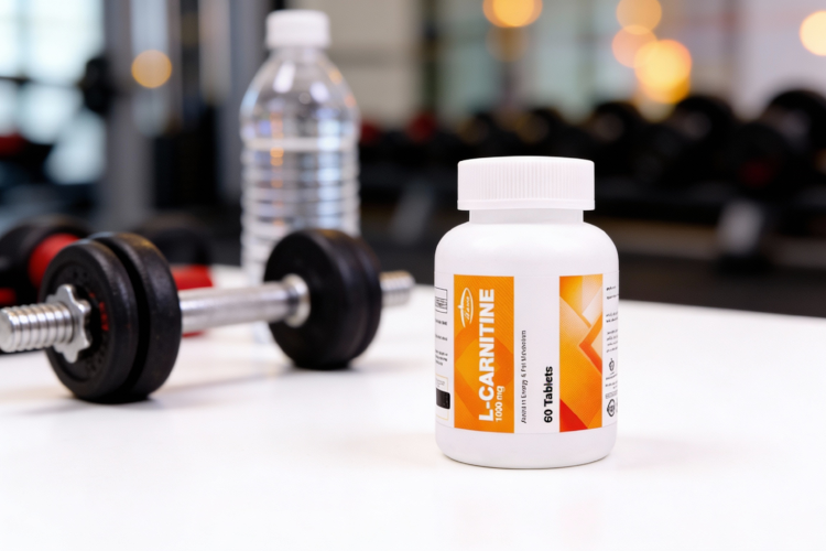 تصویر قرص ال کارنیتین 1000 با تجهیزات ورزشی در پس زمینه